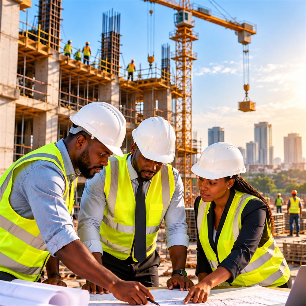 SG-Proto site engineers in high-visibility vests and hard hats reviewing architectural drawings at a construction site, with a tower crane and concrete frame behind them