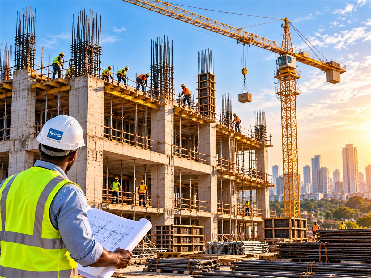 Tower crane over concrete building frame